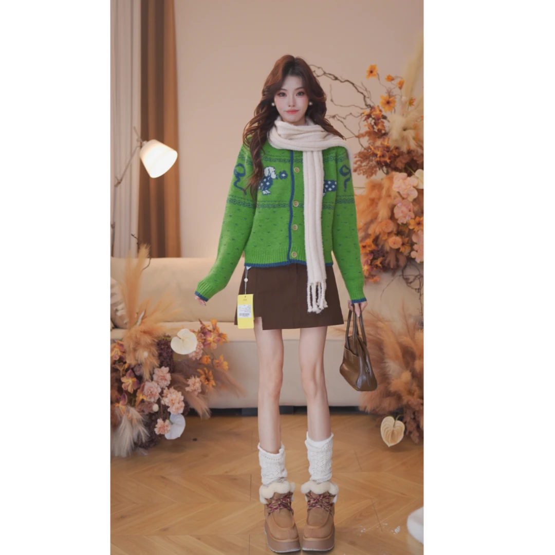 曾小咸 小狗绿色毛衣提花针织衫Z254MZF9672