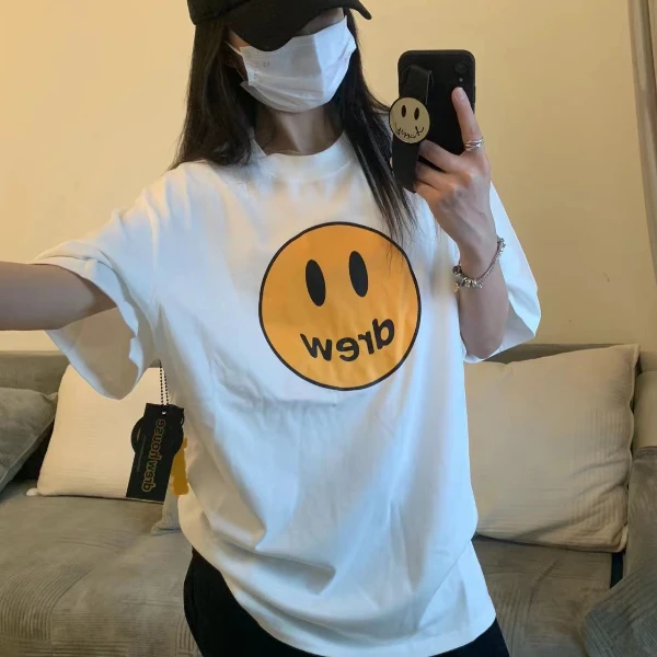 高品质 DREW笑脸短袖比伯同款美潮男女情侣高街圆领纯棉半袖T恤