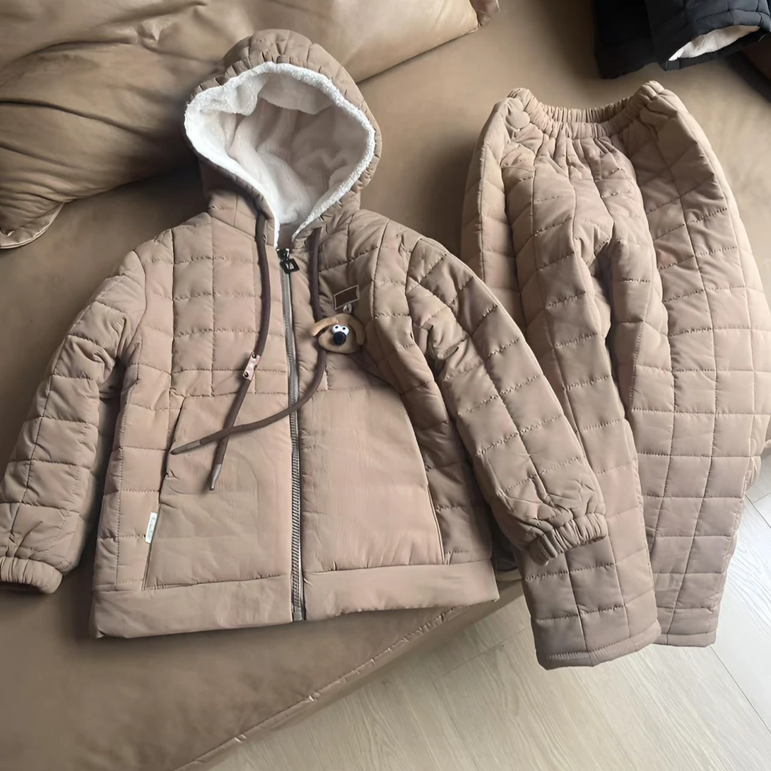 时尚韩版羽绒款儿童家居服男童睡衣连帽冬季加绒加厚冬款中童保暖