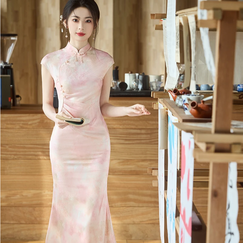 青未了【知宜】25春夏新款晕染提花缎气质法式旗袍连衣裙 衣长125