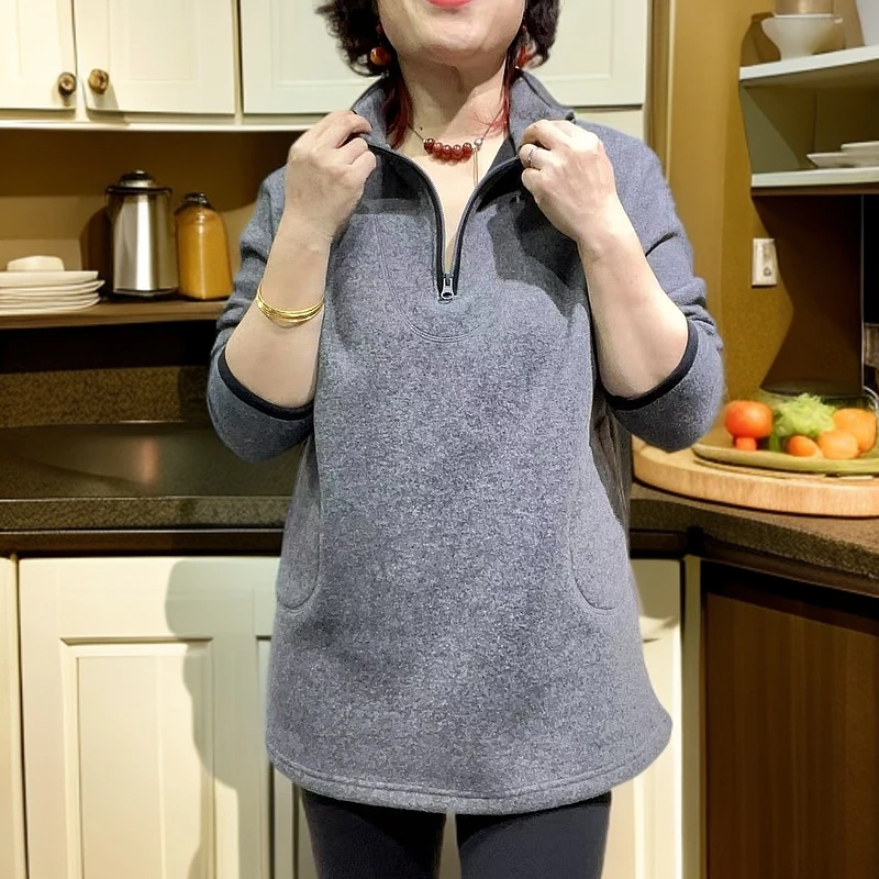 时尚站（C3）女士立领加长款口袋卫衣7702