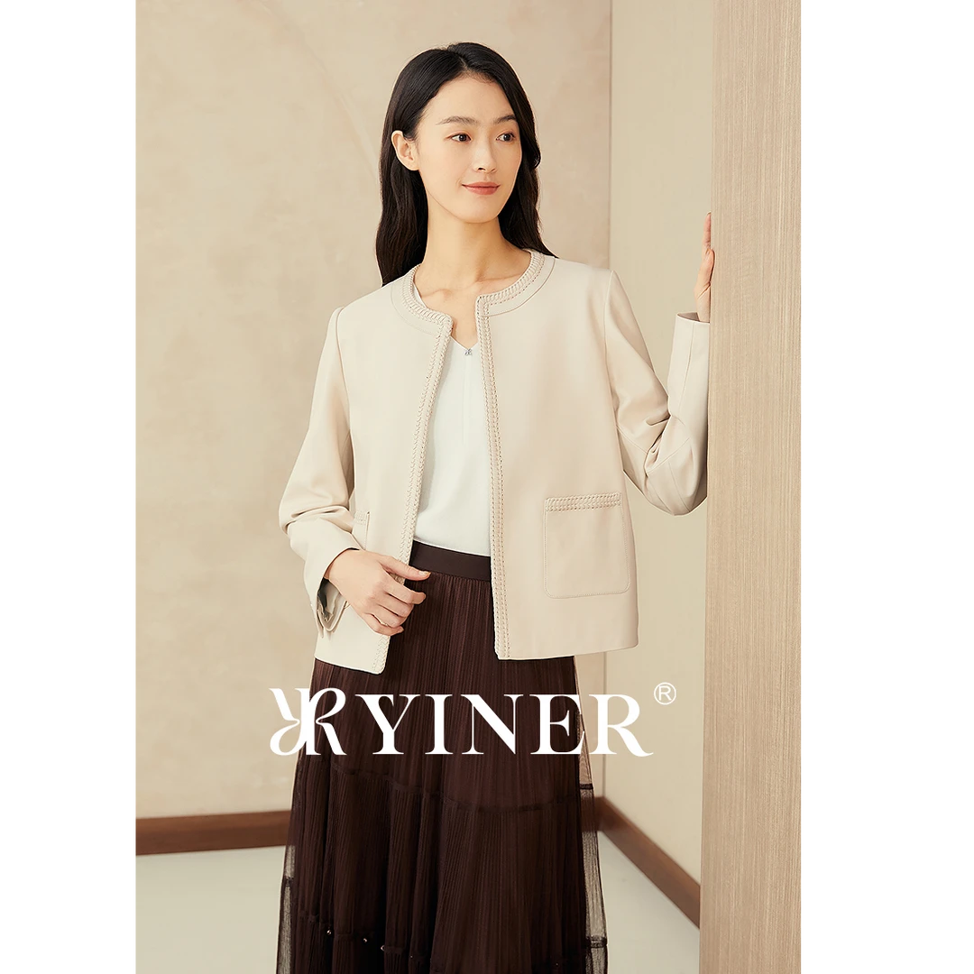 YINER音儿专选2025春季新款编织领柔韧绵羊皮衣短外套8C65109006