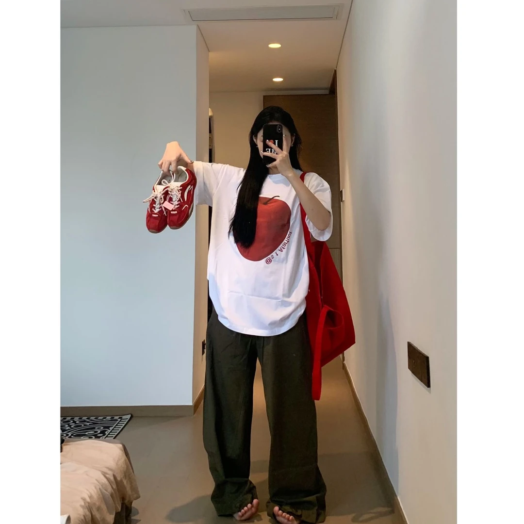 新款爆款夏季纯棉圆领短袖女t恤复古美式小众设计感休闲百搭上衣