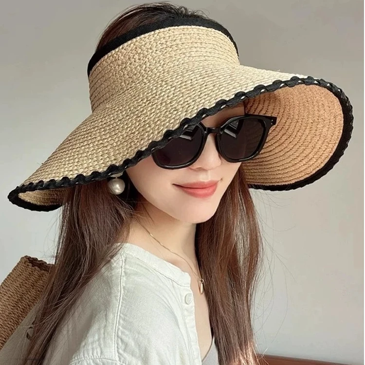 拉菲草帽子女夏防紫外线遮阳防晒大帽檐空顶草帽可折叠收纳太阳帽