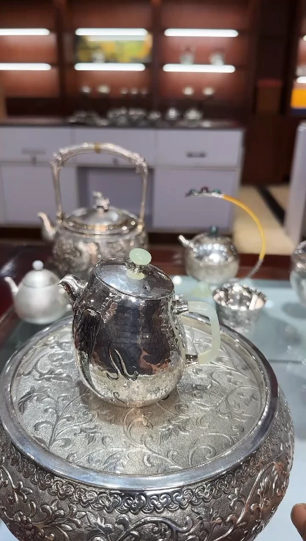 足银999精工手工诧寂风镜面抛光玉把泡茶壶