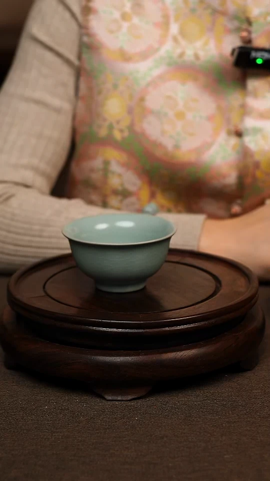 瓷片仿古天青压手杯80ml 微瑕 不带礼盒