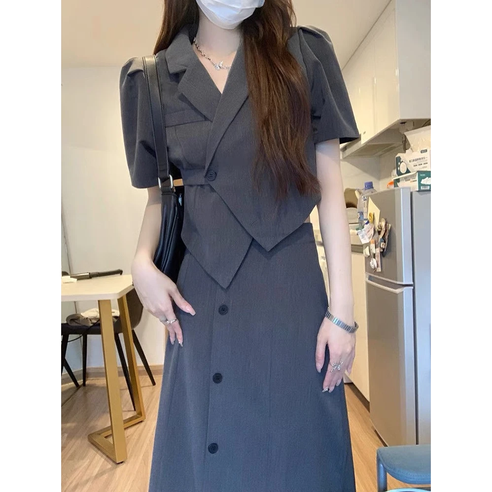 D1699春夏新款灰色西装收腰套装女流行法式显瘦职业套装裙R2699