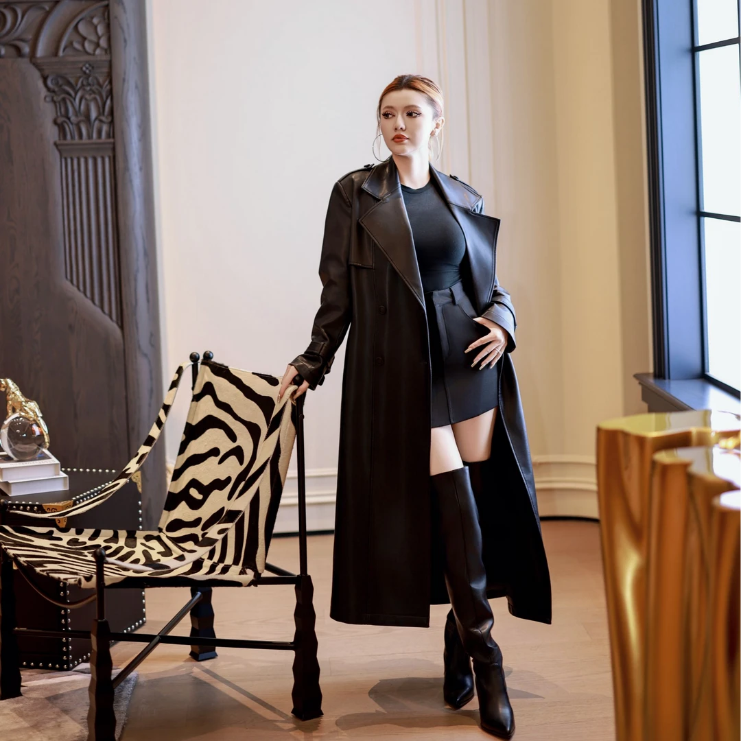 KMDIL品牌冬季新款长款皮大衣高级时尚显气质高端复合皮高定工艺