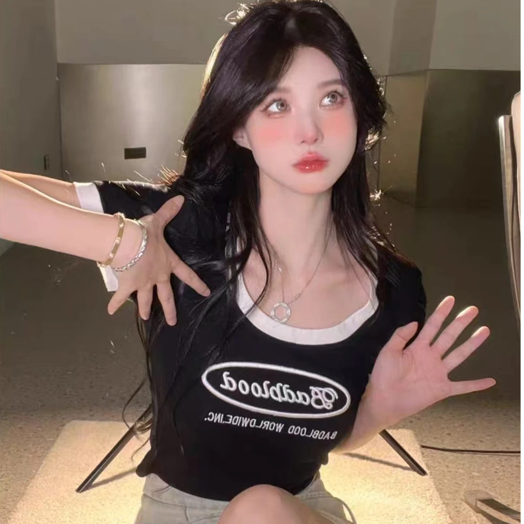 D25005新款字母印花短款韩版修身显瘦百搭辣妹风短袖