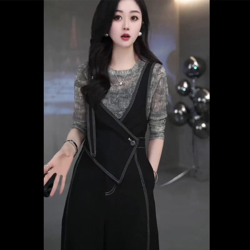 秋季新款赫本风遮肉背带裤女高个子宽松显瘦韩版设计感通勤连体裤