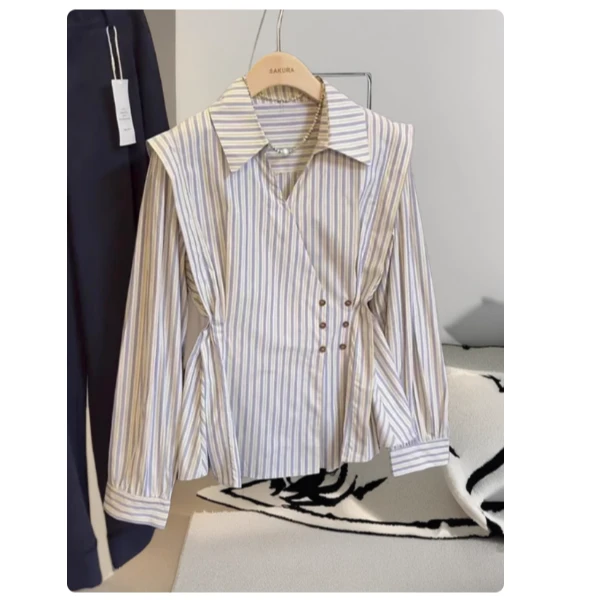 复古Polo领条纹衬衫女春季设计感小众别致独特衬衣插肩袖收腰上衣
