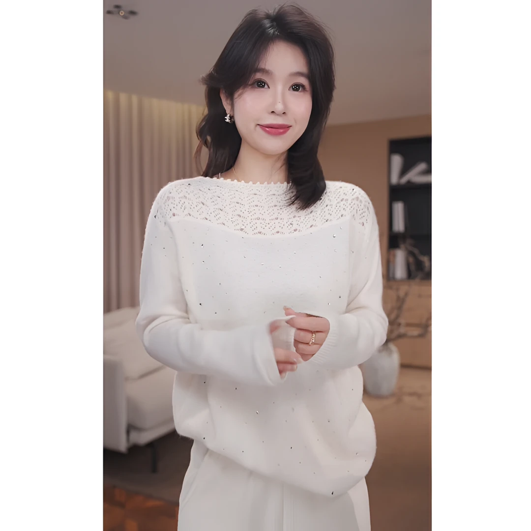 广州琴姐【温莎叙事】绵羊毛山羊绒烫钻镂空打底针织衫毛衣女冬0291