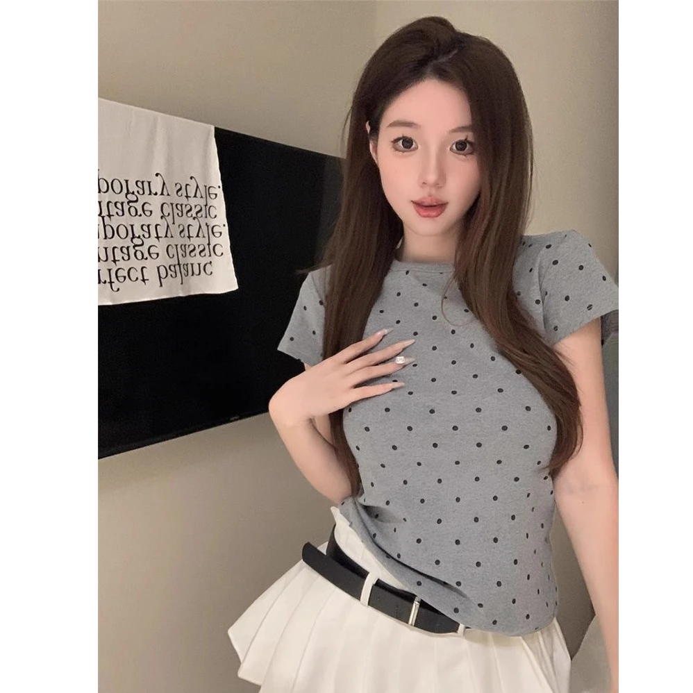 夏季显瘦百短袖T恤女短款波点印花设计感辣妹修身上衣FD22978718