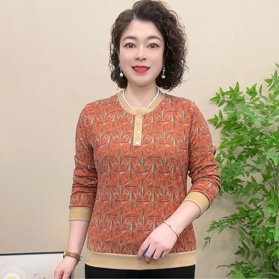 长袖妈妈装时尚中老年女装打底衫圆领春秋烫钻百搭简约宽松显瘦女