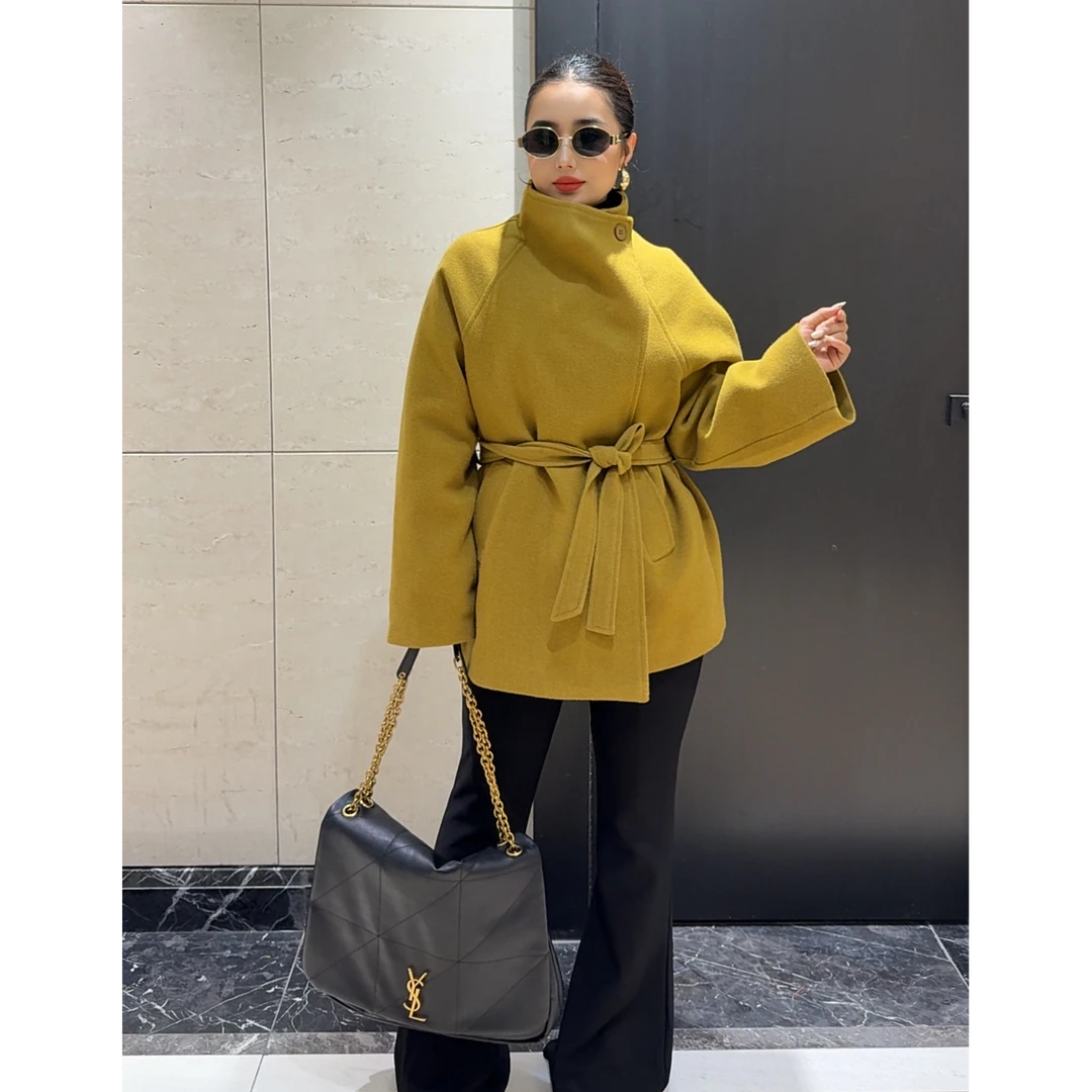 富家千金风格超细双面毛呢外套立领系带设计感十足