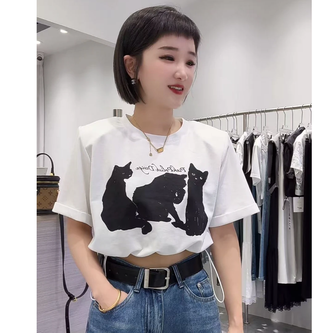 【彩丽家】可爱猫咪印花正肩短袖T恤女2025年夏季新款修身圆领洋