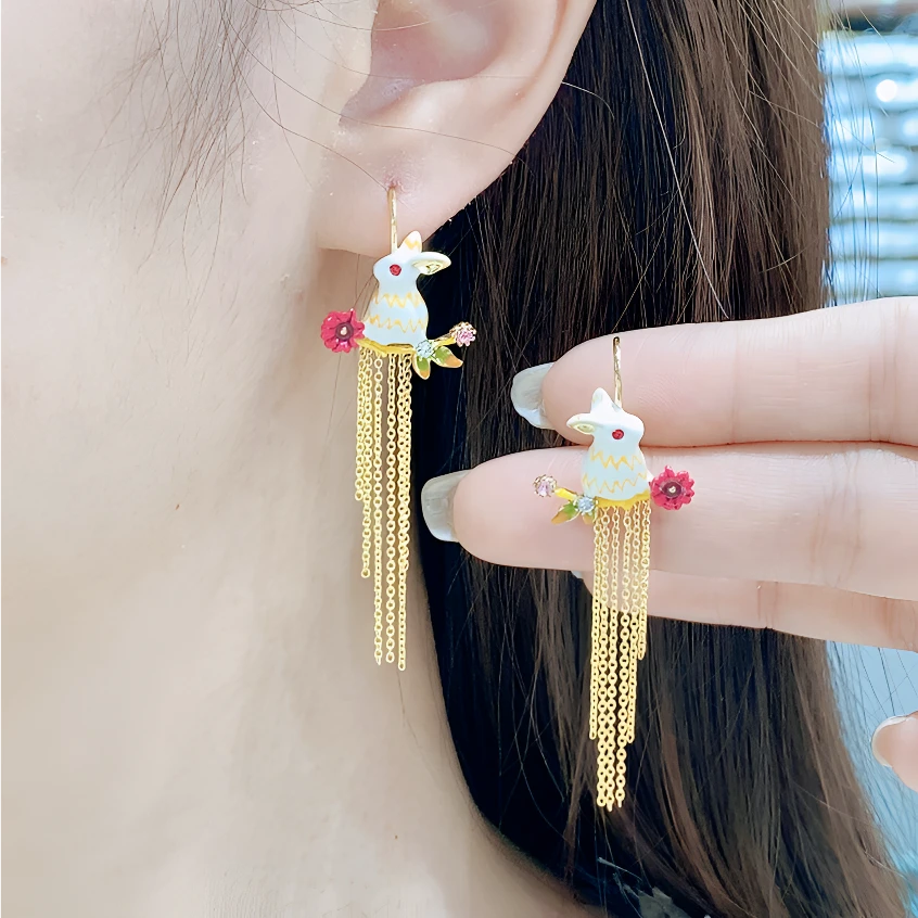 铜合金合成锆石耳饰 甜美时尚兔子花朵釉手工多流苏耳钉长款耳环