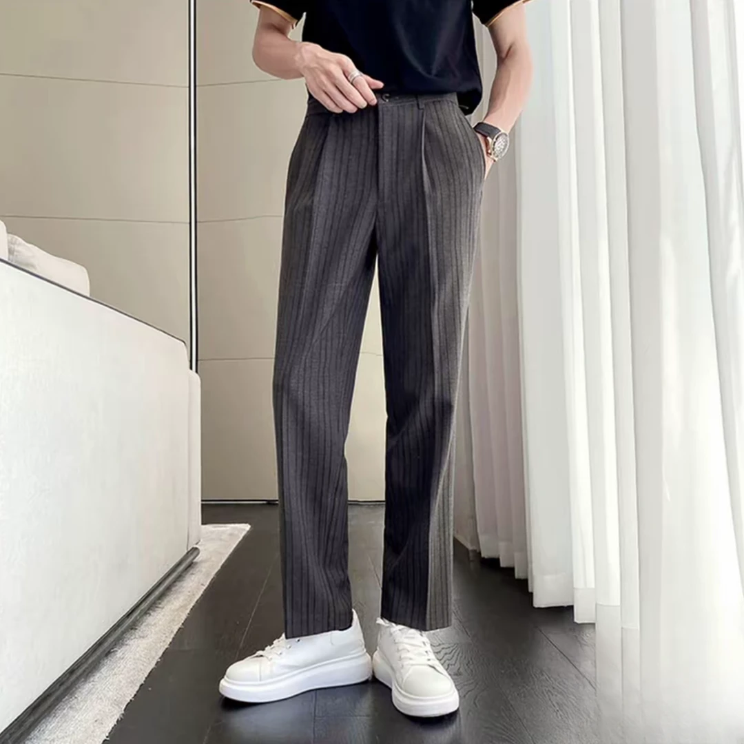 男士轻熟风垂感直筒裤休闲百搭微宽松条纹裤子痞帅西裤25010