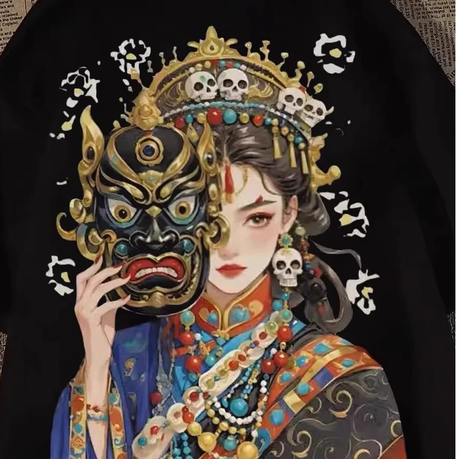 纯棉重磅国潮面具女印花t恤男夏季2025新款潮流宽松圆领短袖上衣