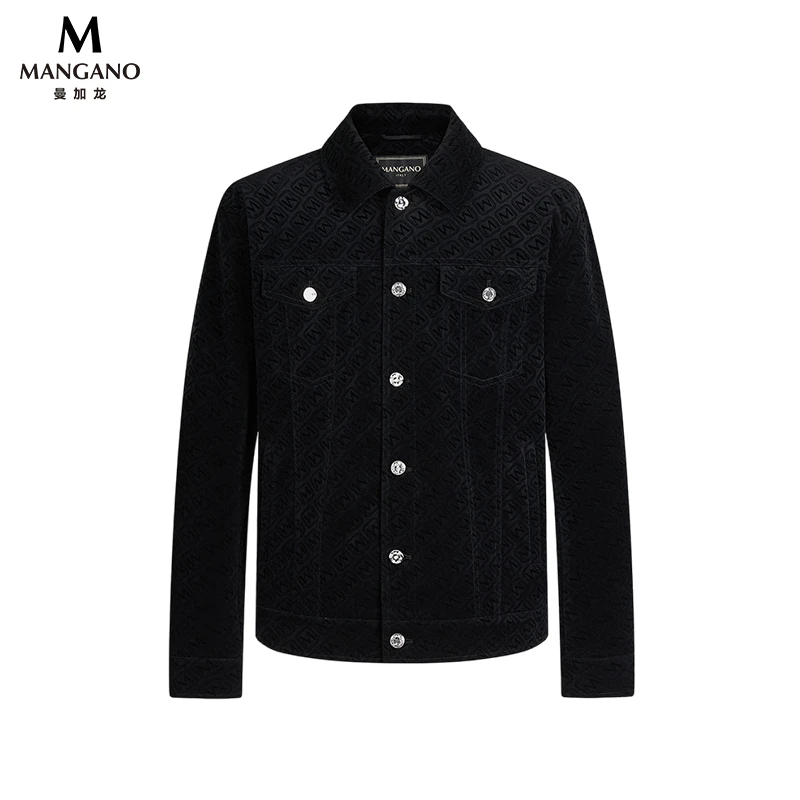 曼加龙秋季LOGO丝绒植绒休闲百搭翻领男牛仔夹克外套724210410
