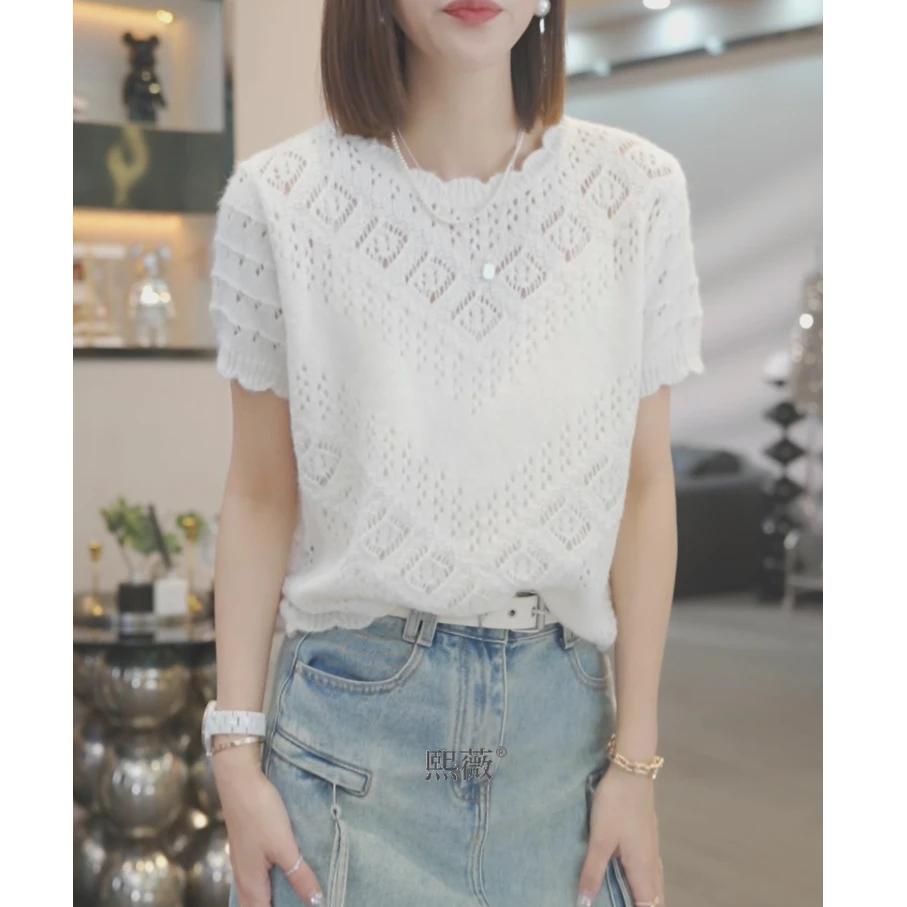 短袖冰丝镂空针织衫女夏季2025新款正肩t恤打底衫设计感小众上衣