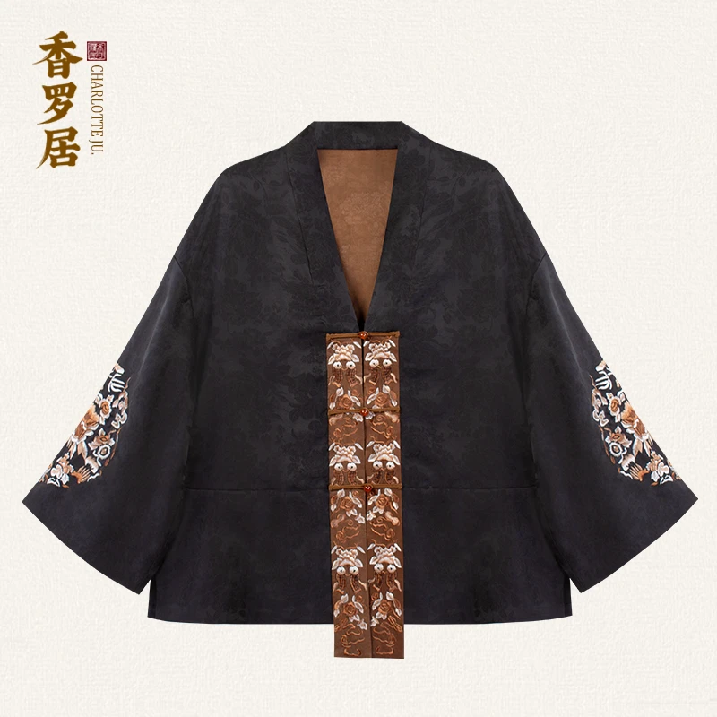 【玄青令】新中式复古纯手工桑蚕丝香云纱中国风绣花宽松女士上衣