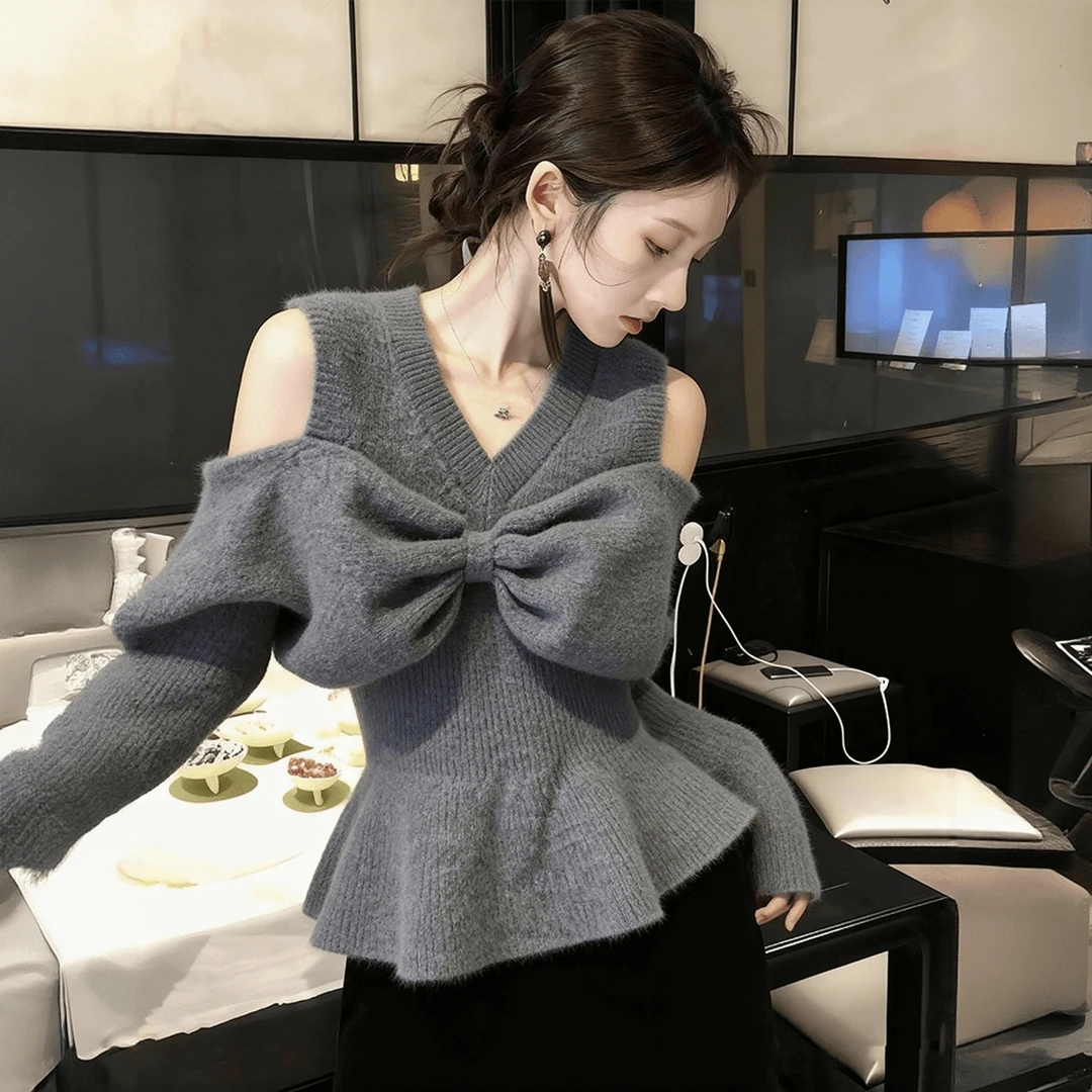 2025绝美针织衫冬时尚气质漂亮慵懒氛围感穿搭灰色蝴蝶结毛衣上衣