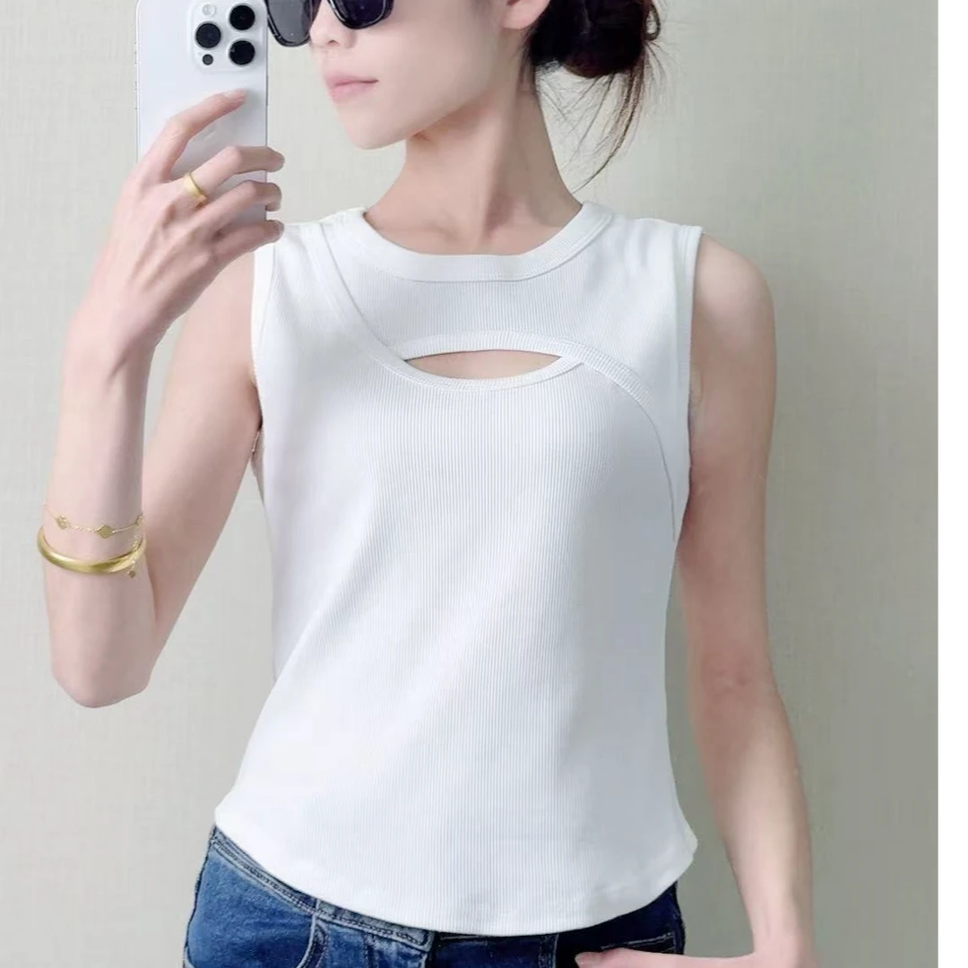 2025春夏新款时尚镂空设计圆领显瘦螺纹短款背心内搭女士打底衫