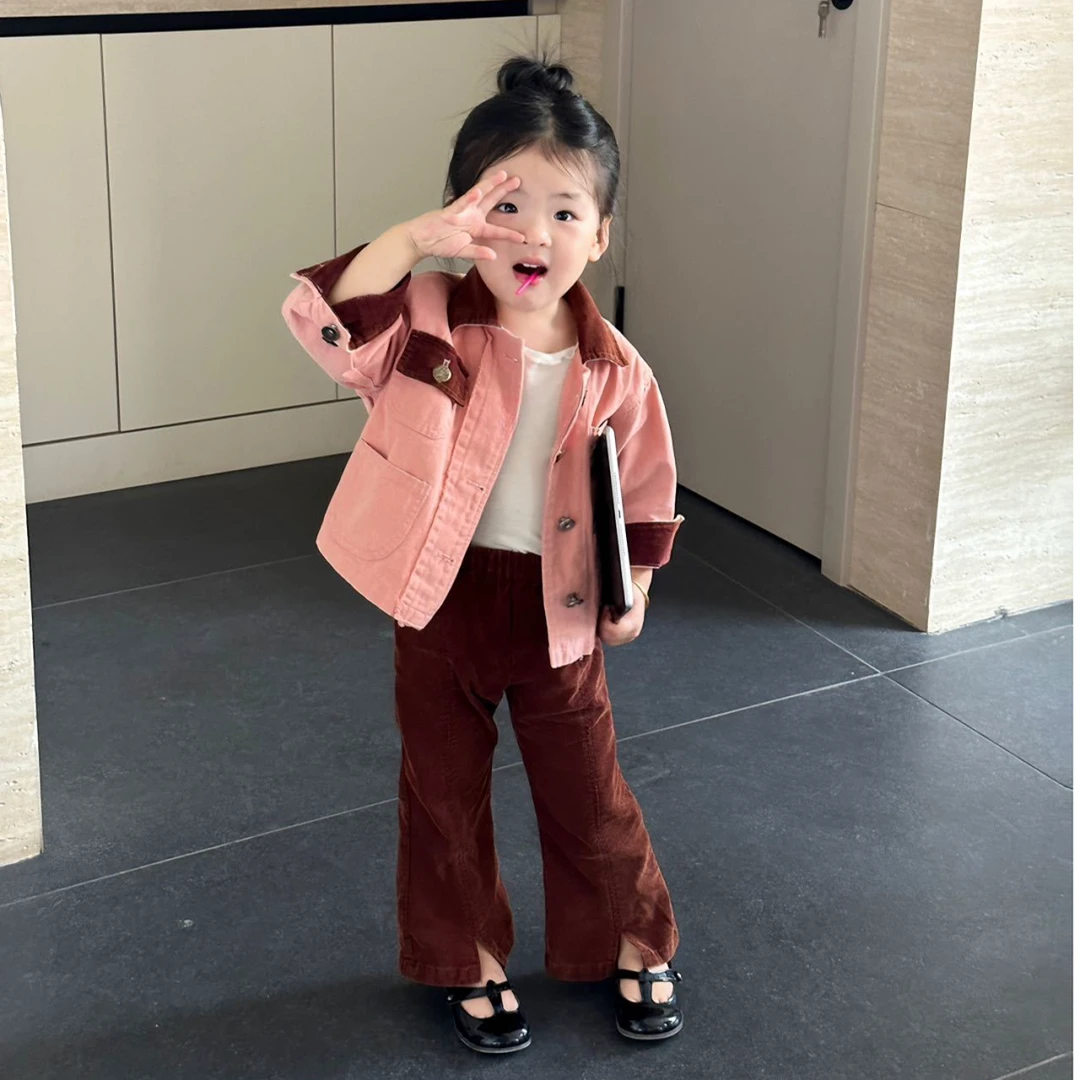壹妈韩版童装女童秋季套装洋气儿童时髦开衫粉色牛仔外套休闲裤子