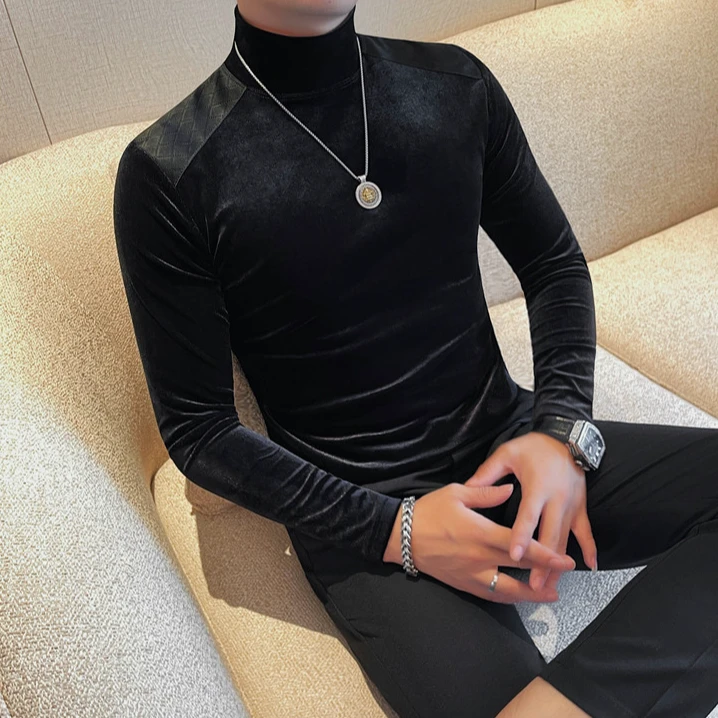 猎撒秋冬高级感半高领金丝绒男士长袖t恤修身韩版打底衫百搭体恤