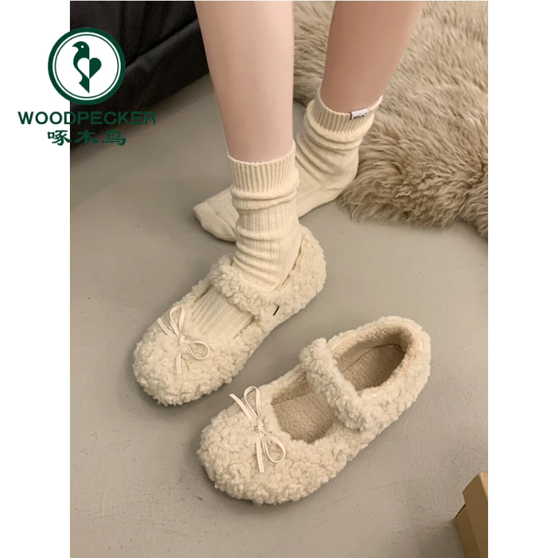 啄木鸟仙女风蝴蝶结毛毛鞋女2025冬季加绒保暖舒适软底玛丽珍棉鞋