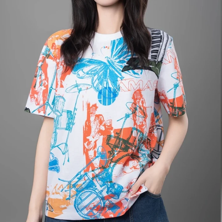 阿玛施AMASS新款简约时尚高级花色休闲百搭显瘦短袖圆领T恤530092