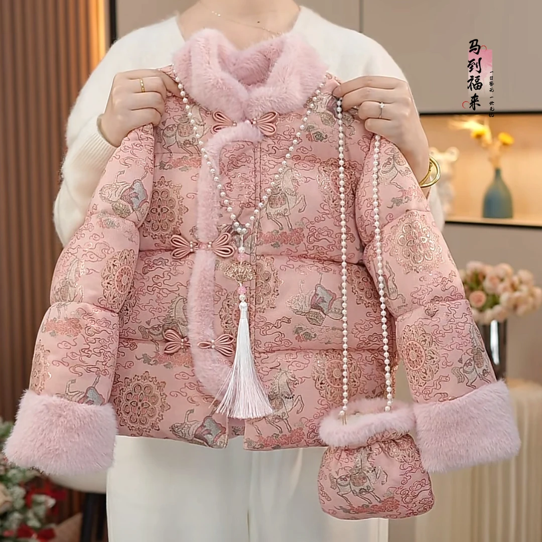 女童拜年服国风加棉棉服女童过年服2025新款