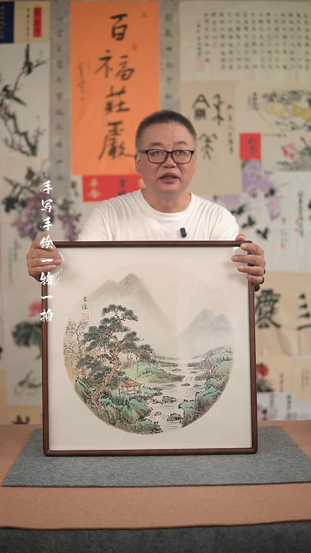 国画手绘-52*52实木框-山水