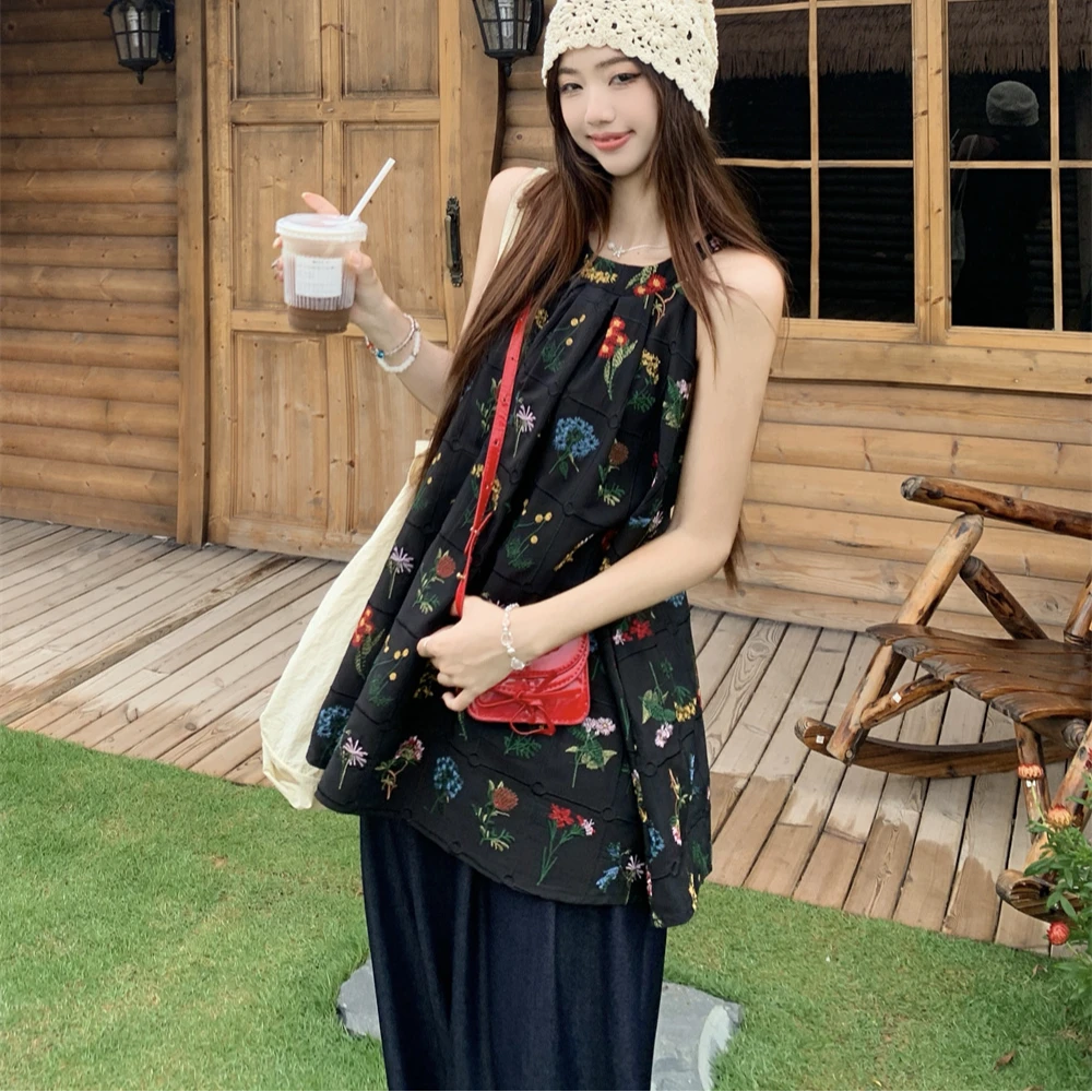 重工绣花无袖A字挂脖背心宽松设计感小衫上衣高腰阔腿牛仔裤套装