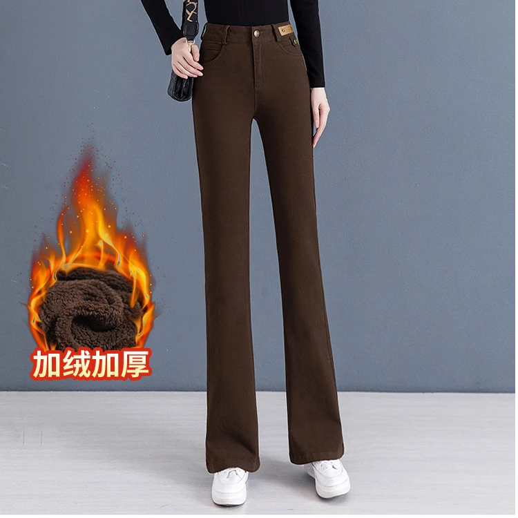 咖啡色马蹄裤女显瘦加绒裤外穿冬季加厚牛仔休闲裤高弹高腰喇叭裤