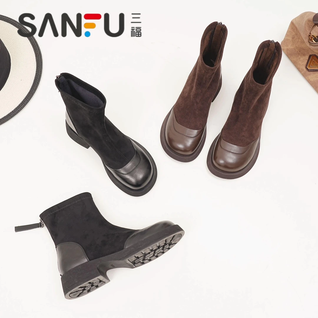 三福2025秋新款粗跟弹力短靴女网红时尚厚底百搭美拉德瘦瘦马丁靴