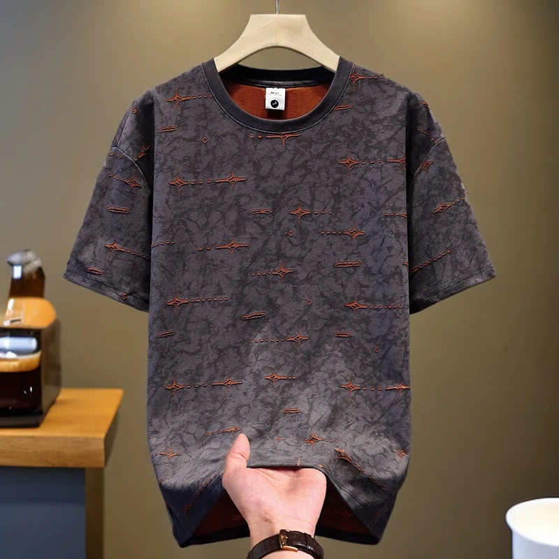 2025夏季扎染烧花短袖T恤男士时尚宽松印花百搭圆领半袖  男上衣