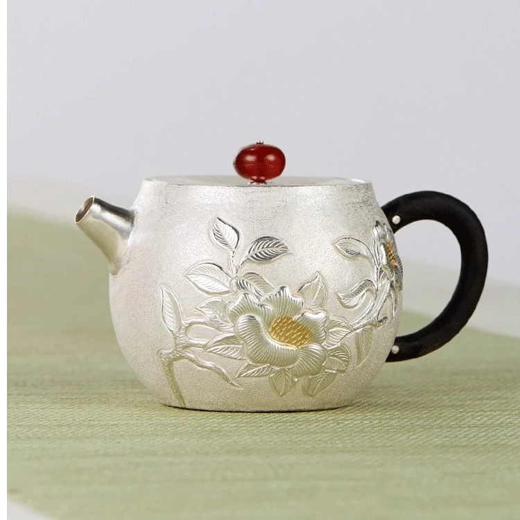 银壶999纯银泡茶壶纯手工浮雕牡丹花999足银泡煮银壶茶壶功夫茶具
