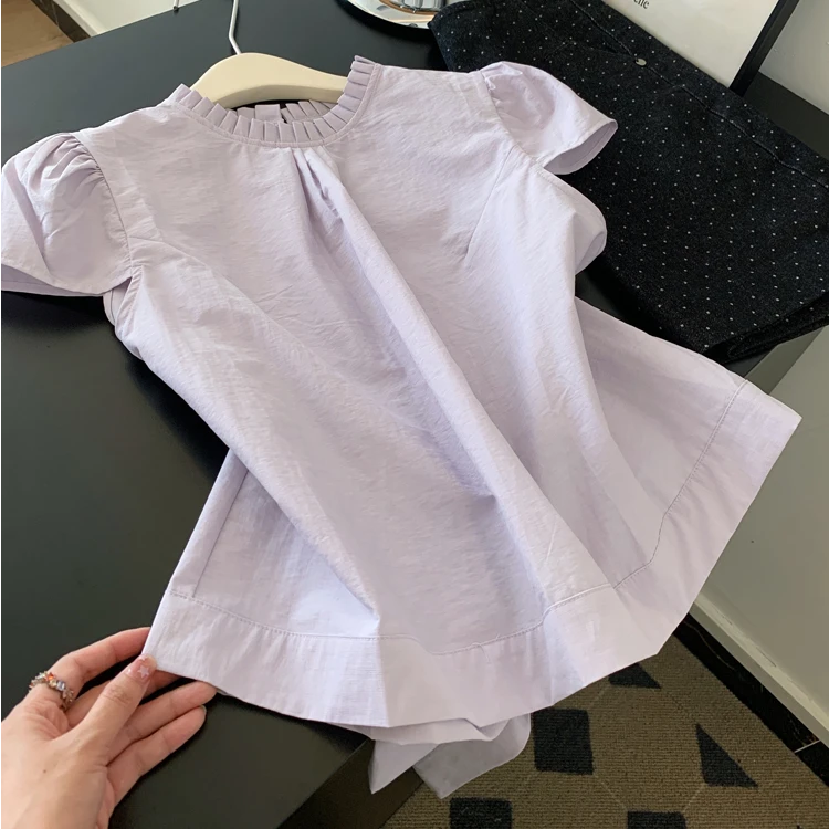 法式蝴蝶结立领紫色短袖衬衫女士上衣设计感2025新款超火减龄小衫