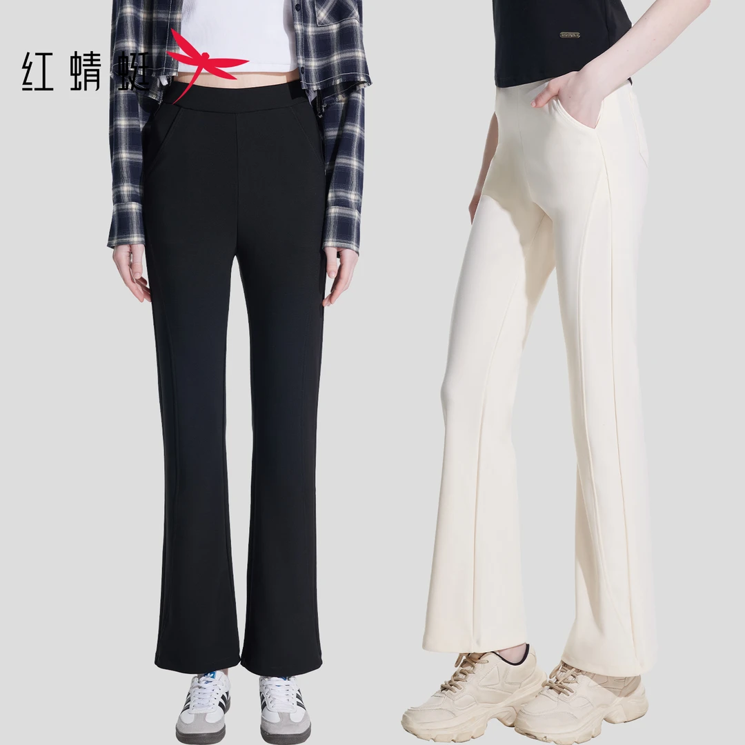 红蜻蜓 春季新款显瘦修身直筒高腰微喇裤