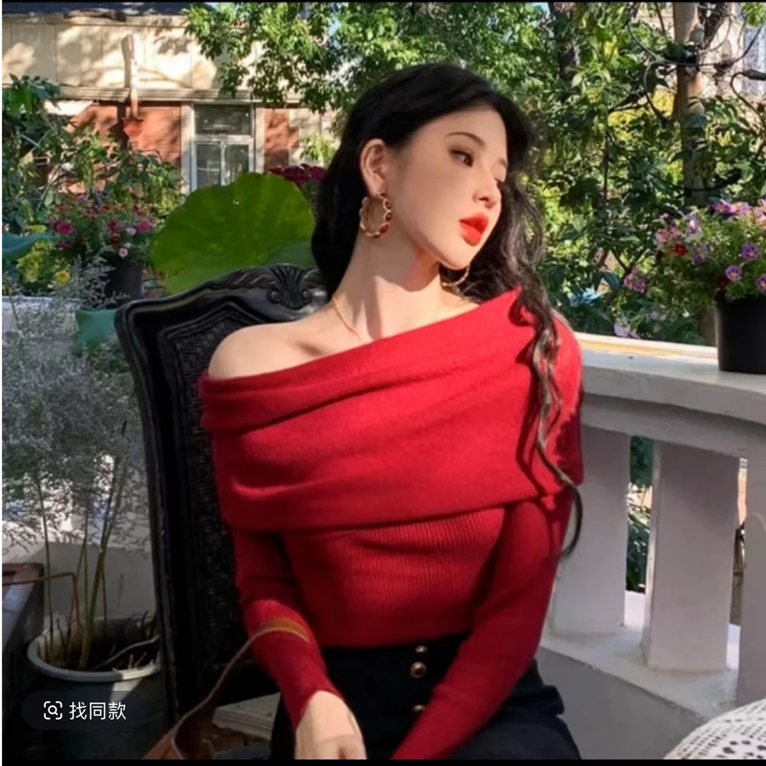 清黑色斜肩针织打底衫女2024新款秋冬内搭上衣高级感气质一字肩