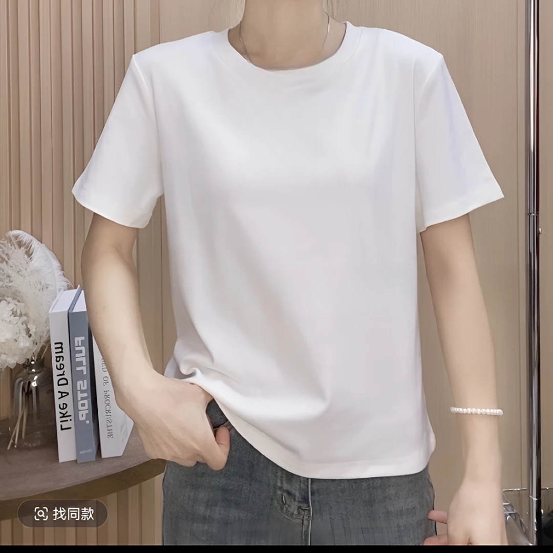 微胖女生正肩T恤夏季服装圆领宽松纯色显瘦纯棉简约夏天短袖T恤