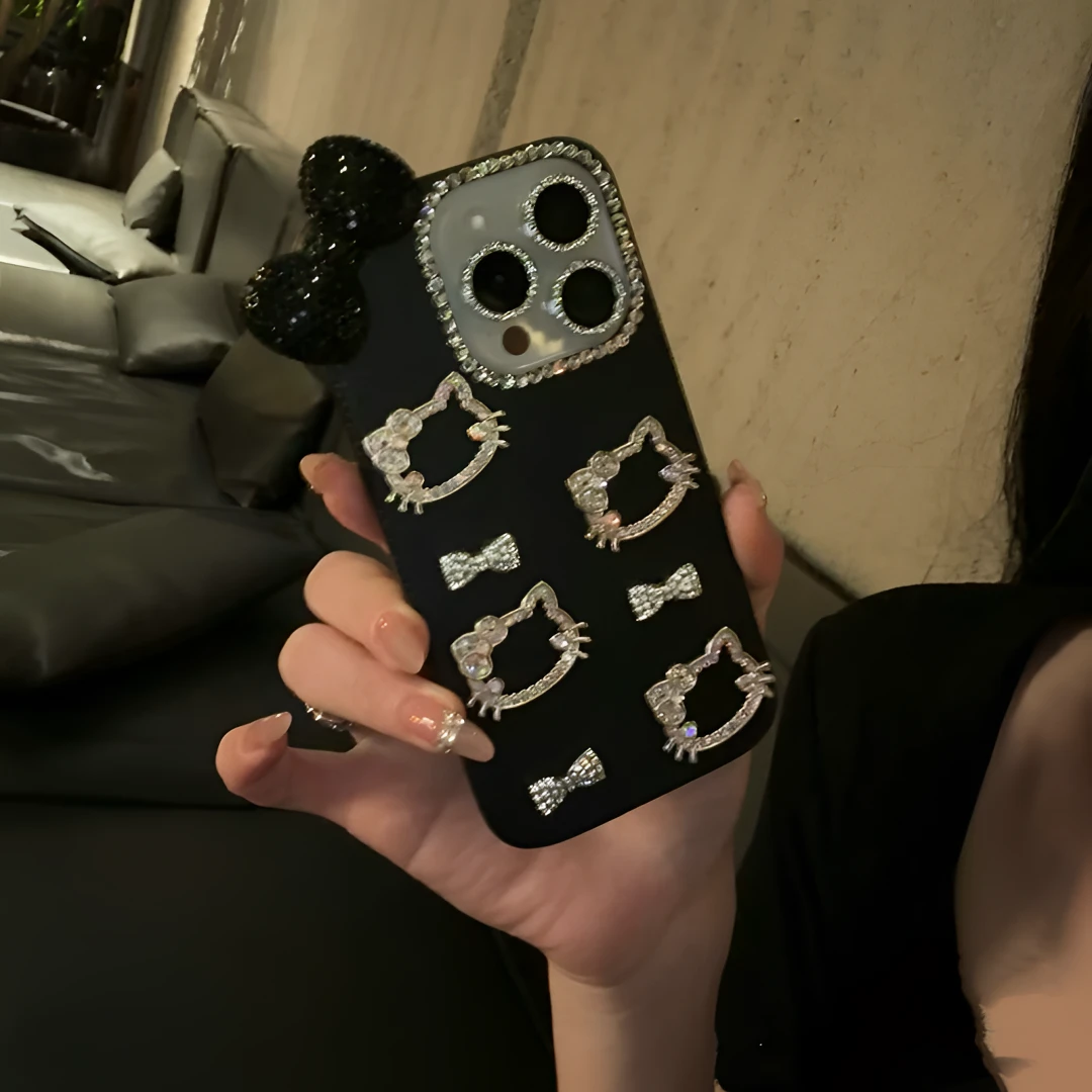 黑皮纹满钻KT点钻iPhone16promax手机壳15适用于苹果14高级12名媛