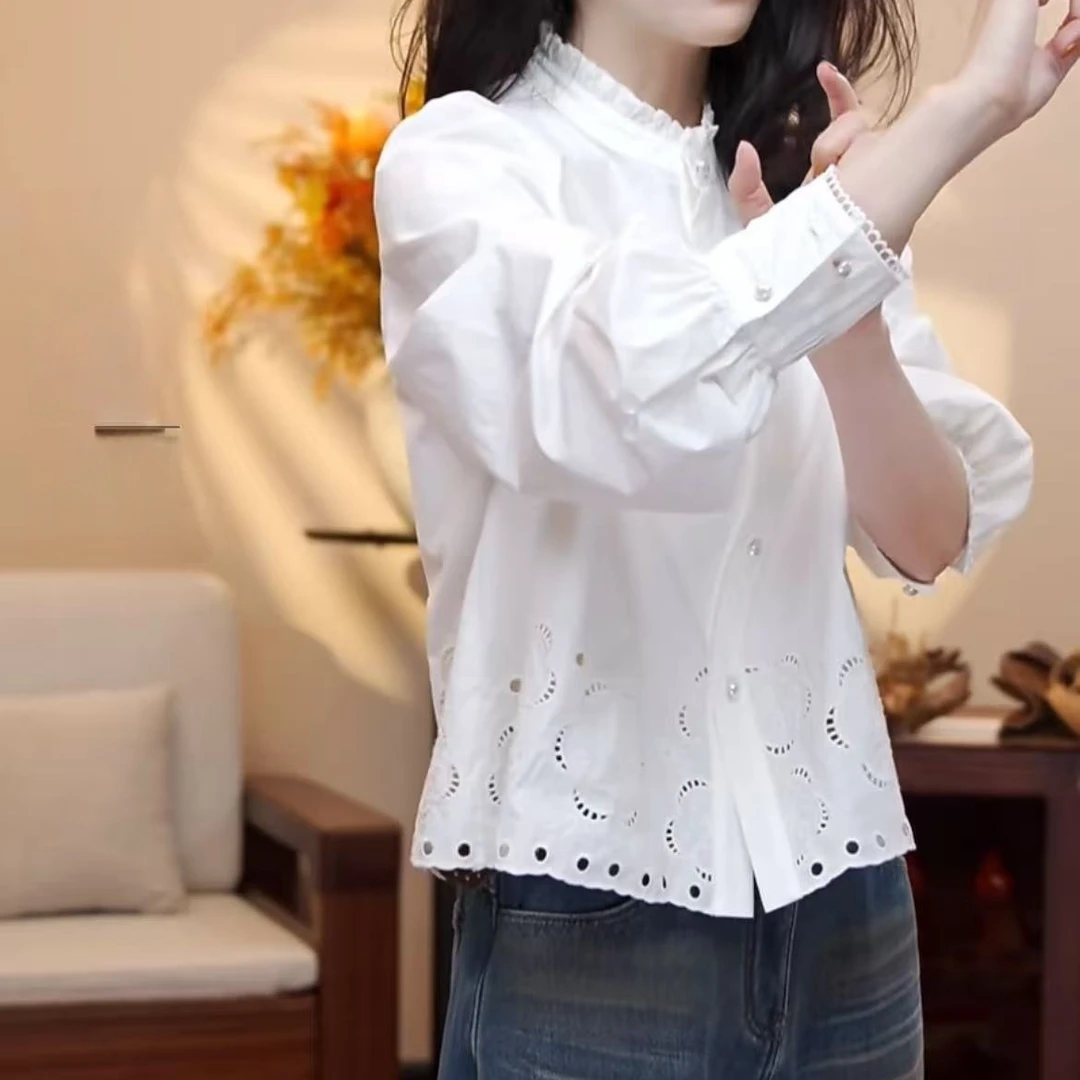 新品设计师款手袖工艺法式重工下摆镂空刺绣百搭长袖衬衫