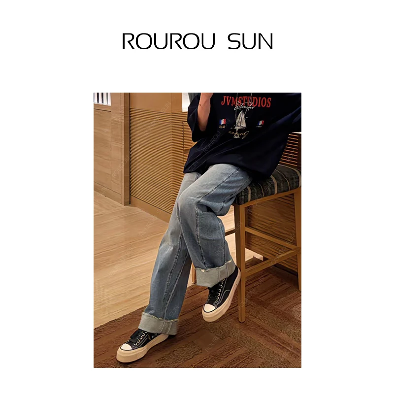 5867美式复古弯刀水洗牛仔裤高腰显瘦百搭休闲直筒裤