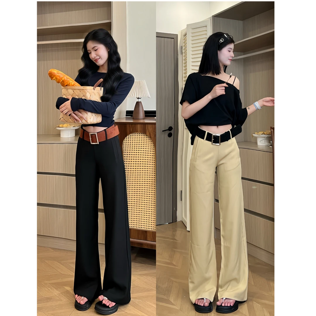 中腰2025休闲裤女春夏卡其长裤宽松阔腿裤拖地西装裤灰