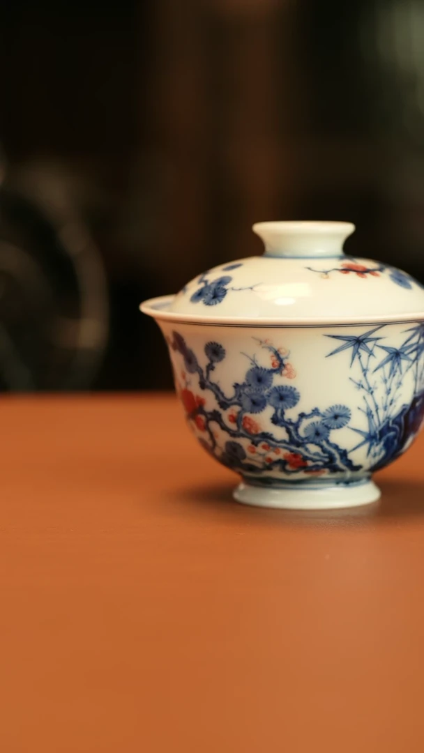 【闪购商品】林泉风月松竹梅釉里红盖碗