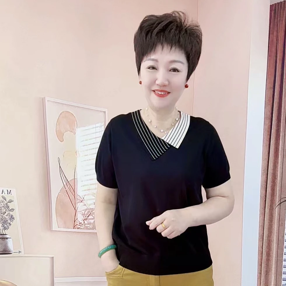 【于姐】1489不规则条纹领休闲翻领天丝小衫