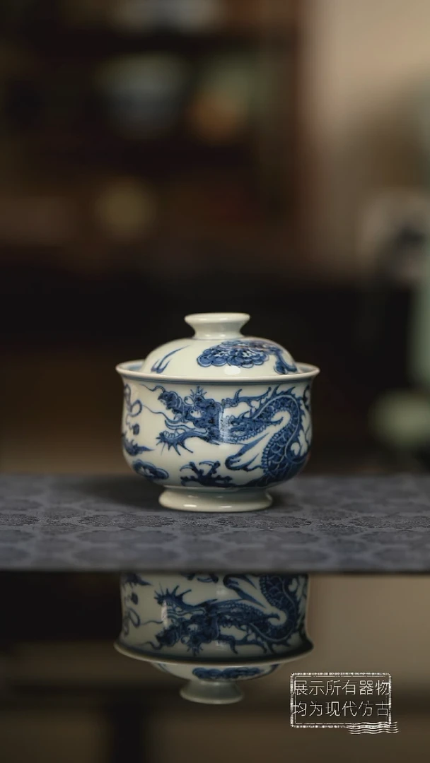 明续幽蓝龙盖碗盖碗